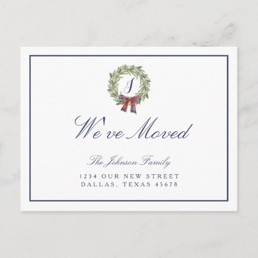 引っ越しましたホリデークリスマスリースボウモノグラム 案内ポストカード (正面)