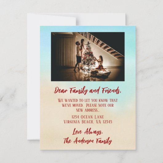 引っ越しましたホリデーフォトビーチクリスマスカード (裏面)