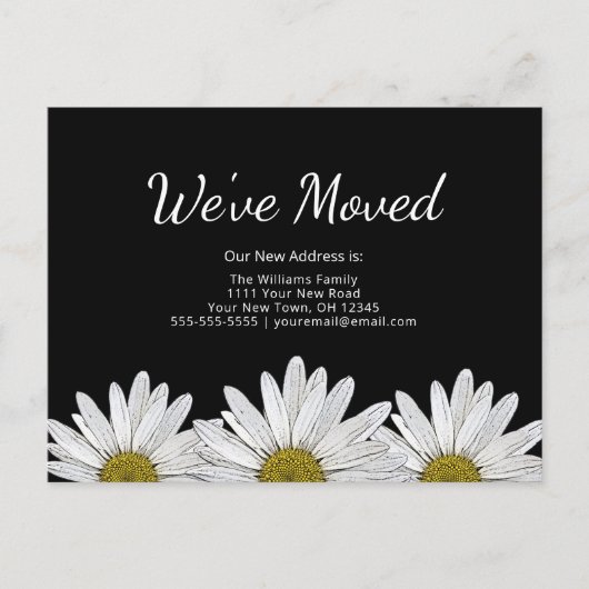 引っ越しましたホワイトデイジー素朴ボタニカルブラック 案内ポストカード (正面)