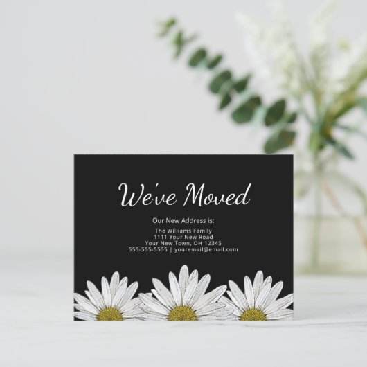 引っ越しましたホワイトデイジー素朴ボタニカルブラック 案内ポストカード (スタンド正面)