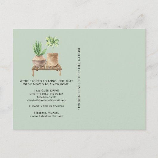 引っ越しましたボホプラントセージ緑の移動 案内ポストカード (裏面)