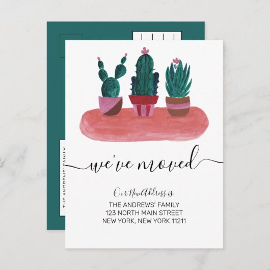 引っ越しましたモダンかわいいサボテン 案内ポストカード (正面/裏面)
