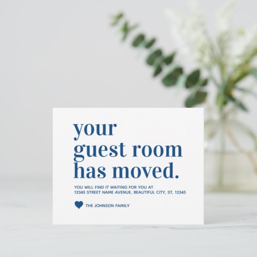 引っ越しましたモダンゲストルームムービングネイビーブルー 案内状 (スタンド正面)