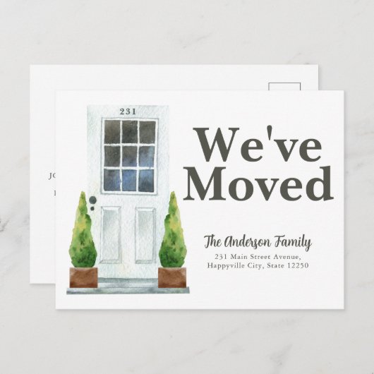 引っ越しましたモダンホワイトフロントドアの植物の移動 案内ポストカード (正面/裏面)