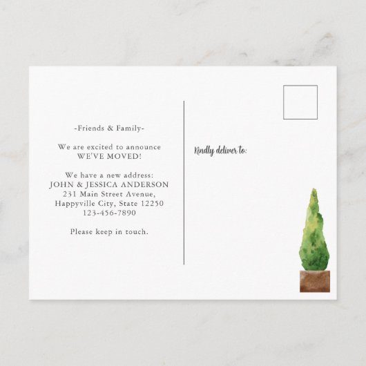 引っ越しましたモダンホワイトフロントドアの植物の移動 案内ポストカード (裏面)