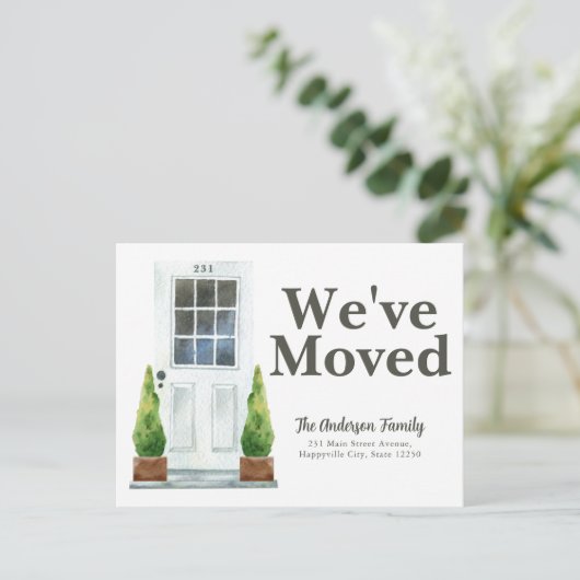 引っ越しましたモダンホワイトフロントドアの植物の移動 案内ポストカード (スタンド正面)