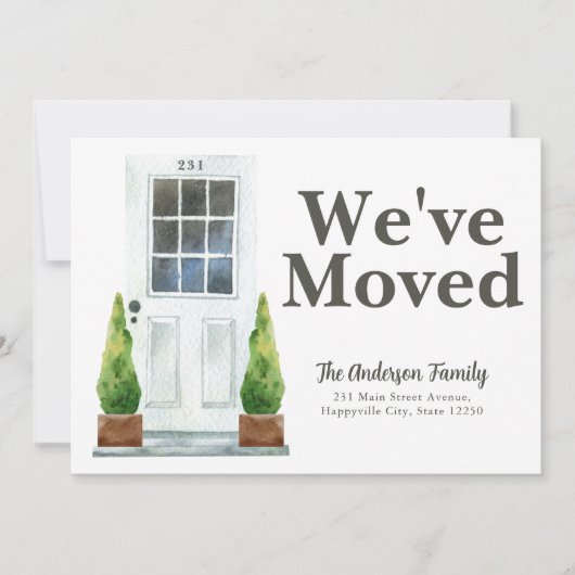 引っ越しましたモダンホワイトフロントドアの植物の移動 案内状 (正面)