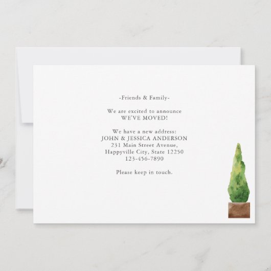 引っ越しましたモダンホワイトフロントドアの植物の移動 案内状 (裏面)