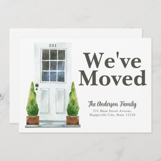 引っ越しましたモダンホワイトフロントドアの植物の移動 案内状 (正面/裏面)