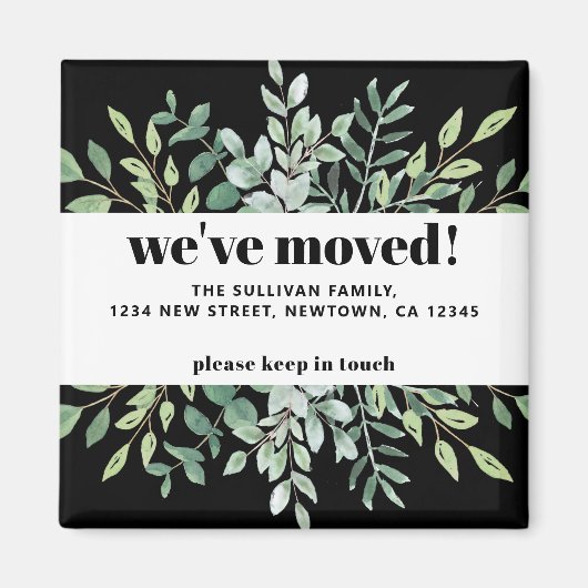 引っ越しましたモダンユーカリ緑の黒 マグネット (正面)