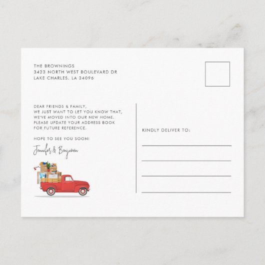 引っ越しましたモダンレッドトラック移動 案内ポストカード (裏面)