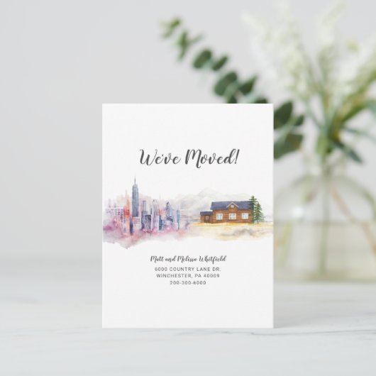 引っ越しましたモダン水彩国の移動 案内ポストカード (スタンド正面)
