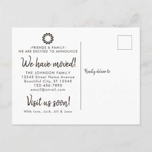 引っ越しましたモダン熱帯ビーチサンセット移動 案内ポストカード (裏面)