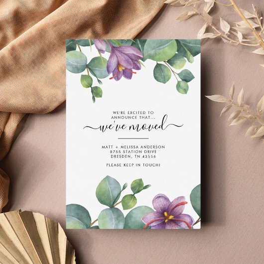 引っ越しましたユーカリ紫の緑の葉の移動 ノートカード