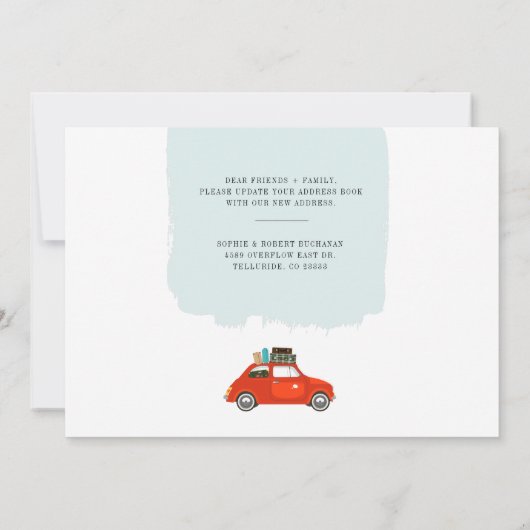 引っ越しましたレッドカー新年の冒険の移動 案内状 (裏面)