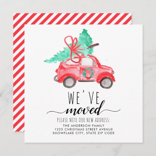 引っ越しましたレッドクリスマスカーツリーホリデームービング 案内状 (正面/裏面)