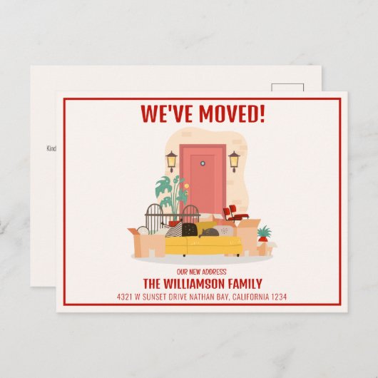 引っ越しましたレッドフロントドアかわいい動き 案内ポストカード (正面/裏面)
