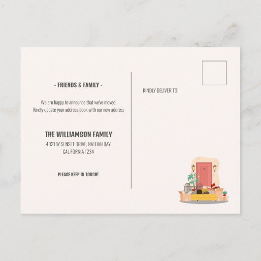 引っ越しましたレッドフロントドアかわいい動き 案内ポストカード (裏面)