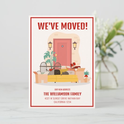 引っ越しましたレッドフロントドアかわいい動き 案内状 (スタンド正面)