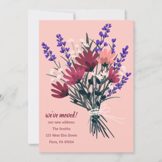引っ越しましたワイルドフラワーブーケ新しいホームアドレス 招待状 (正面)