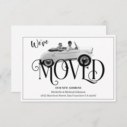 引っ越しましたヴィンテージカーホワイト新しいアドレス 案内状 (正面/裏面)