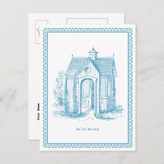 引っ越しましたヴィンテージハウスポストカードブルー 案内ポストカード (正面/裏面)