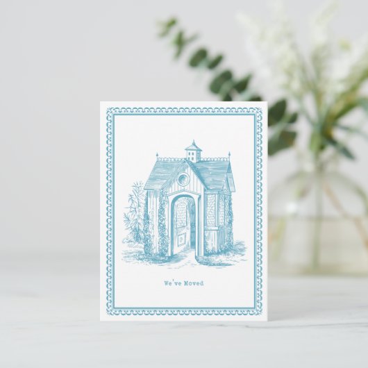 引っ越しましたヴィンテージハウスポストカードブルー 案内ポストカード (スタンド正面)