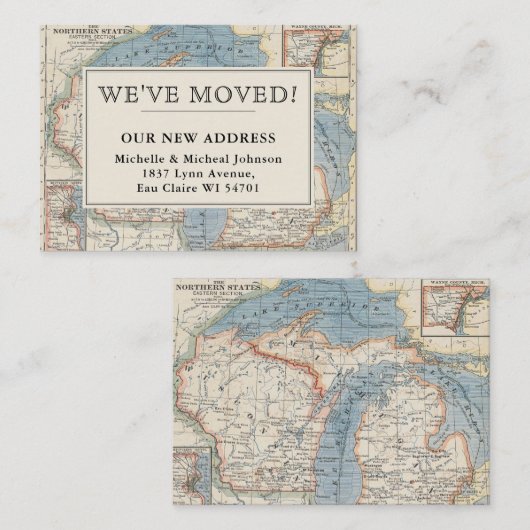 引っ越しましたヴィンテージマップウィスコンシンミシガンアドレス ノートカード (正面/裏面)