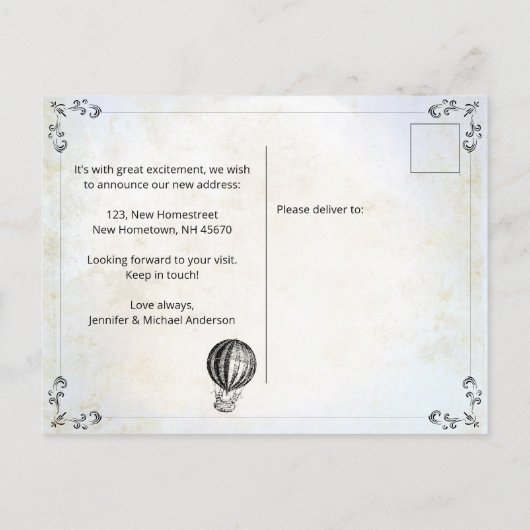 引っ越しましたヴィンテージ熱気球おもしろい 案内ポストカード (裏面)