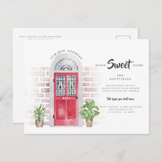 引っ越しました変更のアドレス水色レッドドア 案内ポストカード (正面/裏面)