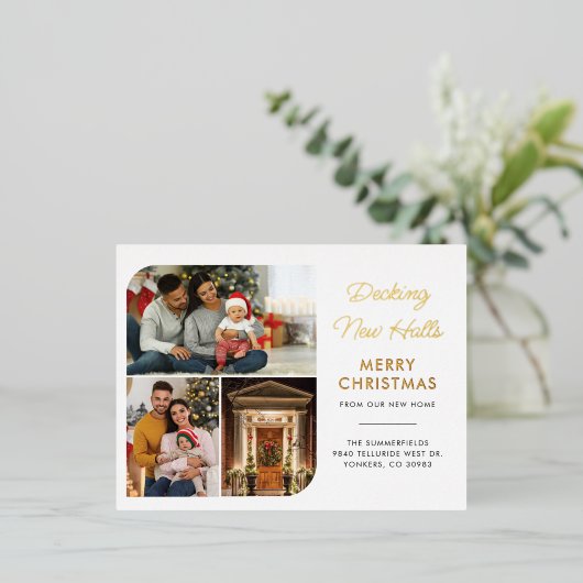 引っ越しました家族のクリスマス写真の移動金ゴールド 箔シーズンポストカード (立ち正面)