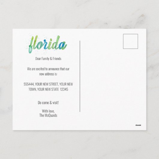 引っ越しました手書水色フロリダムービング シーズンポストカード (裏面)