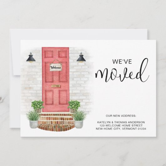 引っ越しました新しいアドレス水の色の赤いフロントドア 案内状 (正面)