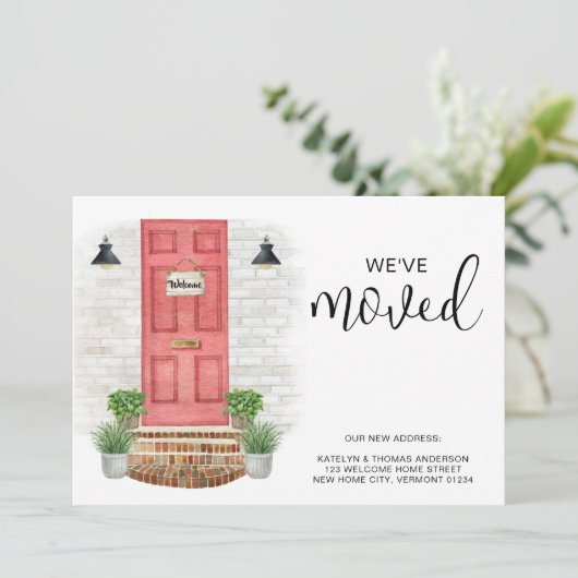 引っ越しました新しいアドレス水の色の赤いフロントドア 案内状 (スタンド正面)