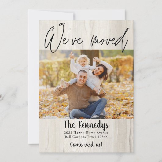引っ越しました新しいアドレス素朴ウッドの写真の移動 案内状 (正面)