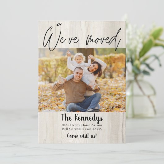 引っ越しました新しいアドレス素朴ウッドの写真の移動 案内状 (スタンド正面)