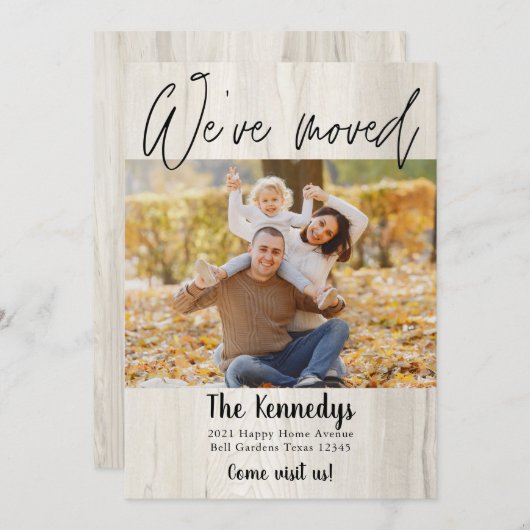 引っ越しました新しいアドレス素朴ウッドの写真の移動 案内状 (正面/裏面)