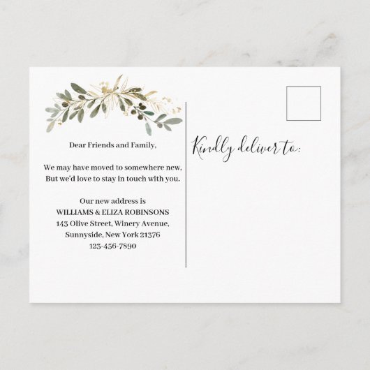 引っ越しました新しいアドレス金ゴールドの葉のミニマリスト 案内ポストカード (裏面)