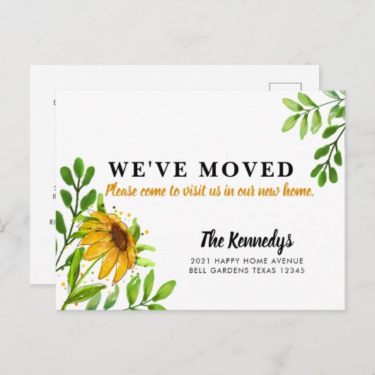引っ越しました新しいホームイエローフローラ緑の移動 案内ポストカード (正面/裏面)