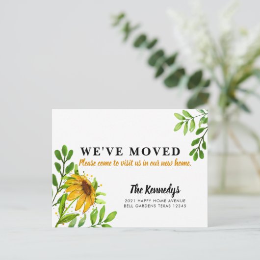 引っ越しました新しいホームイエローフローラ緑の移動 案内ポストカード (スタンド正面)