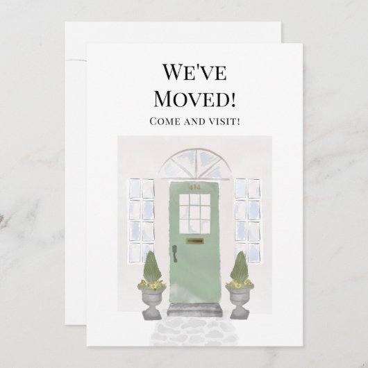 引っ越しました新しいホームウォーターカラーグリーンドア 案内状 (正面/裏面)