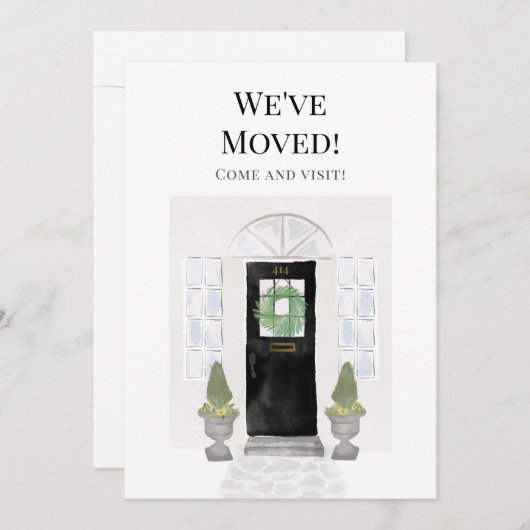 引っ越しました新しいホームウォーターカラーブラックドア 案内状 (正面/裏面)