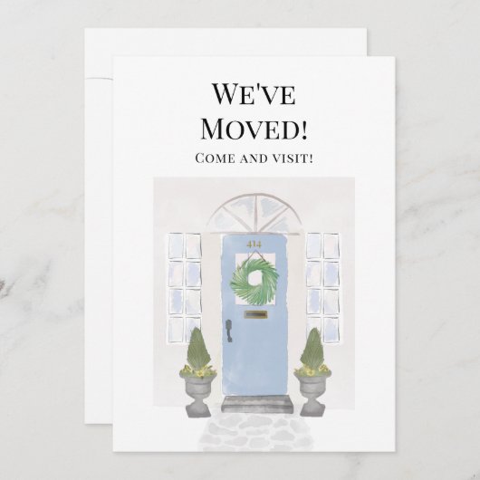 引っ越しました新しいホームウォーターカラーブルードアアナウンス 案内状 (正面/裏面)