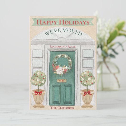 引っ越しました新しいホームカラーまたはビジネス用水カラークリスマス シーズンカード (スタンド正面)