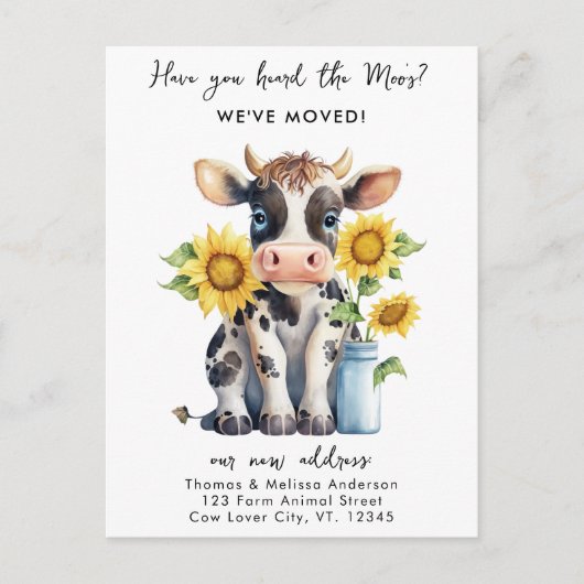 引っ越しました新しい住所かわいい牛ひまわり移動 案内ポストカード (正面)