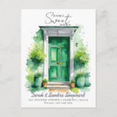 引っ越しました新しい住所の緑の水色ドア 案内ポストカード (正面)