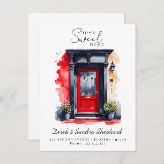 引っ越しました新しい住所の赤い水の色のドア 案内ポストカード (正面/裏面)