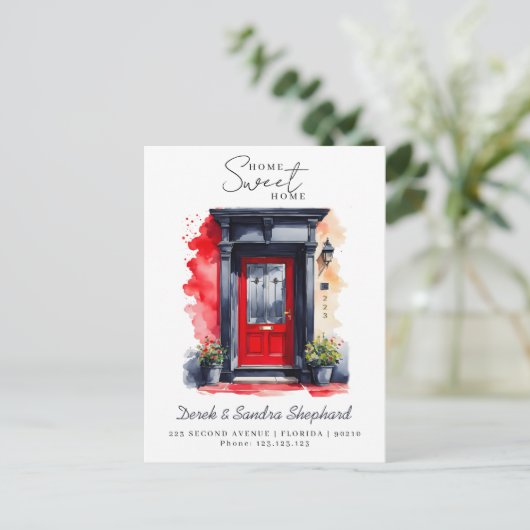 引っ越しました新しい住所の赤い水の色のドア 案内ポストカード (スタンド正面)