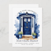 引っ越しました新しい住所ネイビー水色ドア 案内ポストカード (正面/裏面)