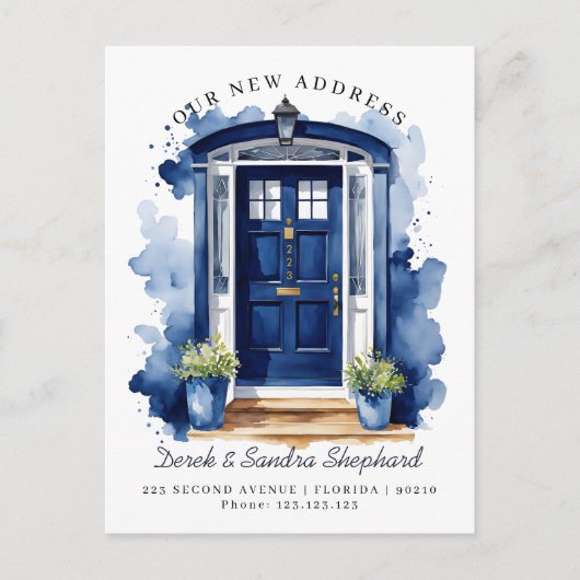 引っ越しました新しい住所ネイビー水色ドア 案内ポストカード (正面)